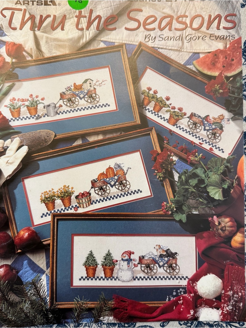 Leisure Arts #2719 Thru the‎ Seasons Cross Stitch Wagon Pumpkin Snowman Florals